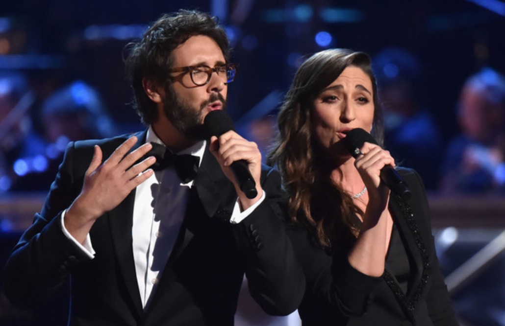 Hosts Sara Bareilles and Josh Groban performing during the 2018 Tony Awards ceremony.